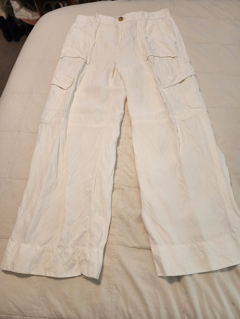 Vince Cream Cargo Linen-Blend Pants Sz 16 Exc Cond Quiet Luxury Minimalist